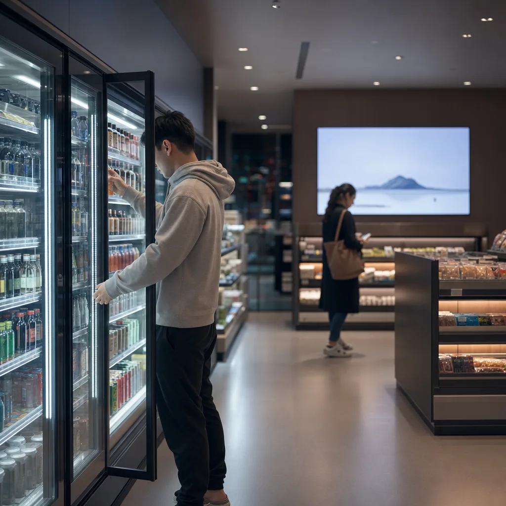 En närbutik med en digital reklamskärm